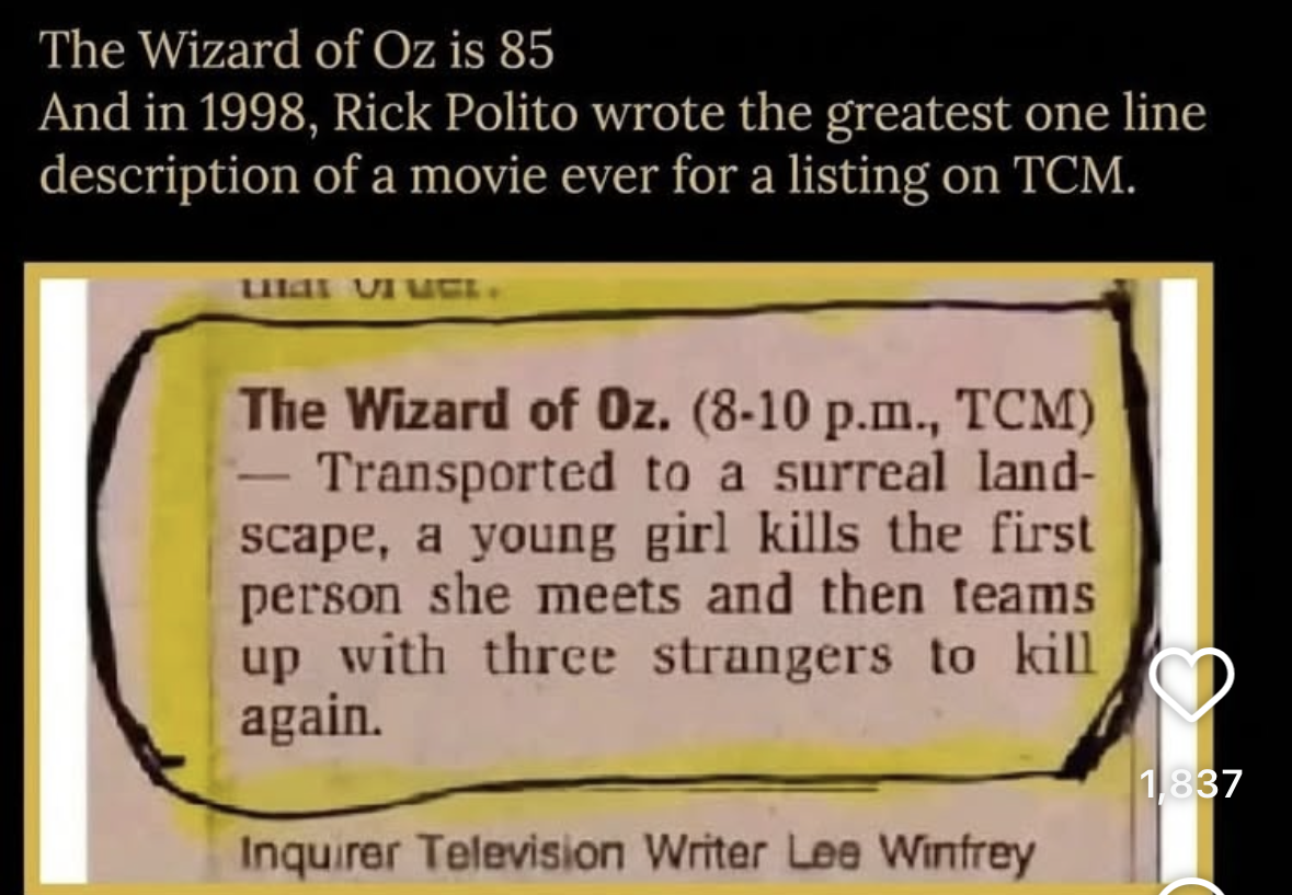 Someone described the Wizard of Oz as a young girl killing people and teaming up with strangers to kill again. Yikes.