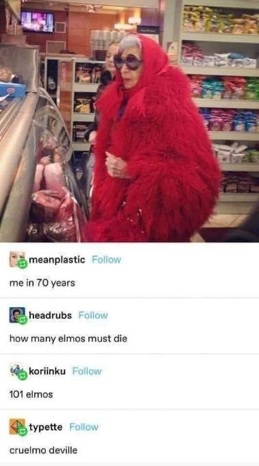 Me in 70 years, looking like Cruella de Vil and hoarding 101 Elmos.