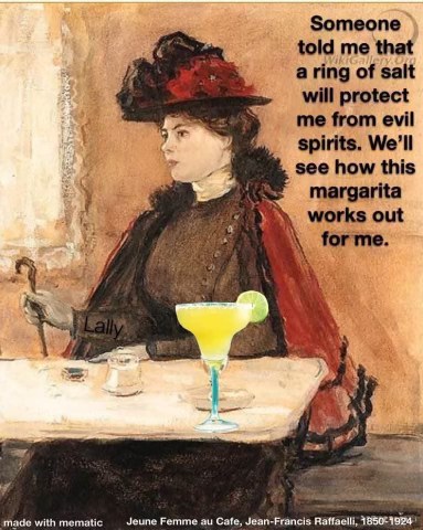 This woman is testing out a salt ring as a protective charm while sipping a margarita. Fingers crossed it works!
