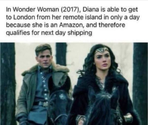 This meme is playing on the word 'Amazon' referring to both the mythological race of warrior women and the online retail company.
