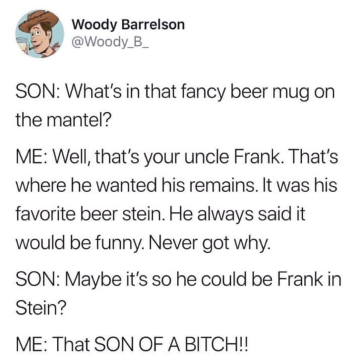 LMAO, the son understood the dad joke before the dad did. "Frank in Stein"