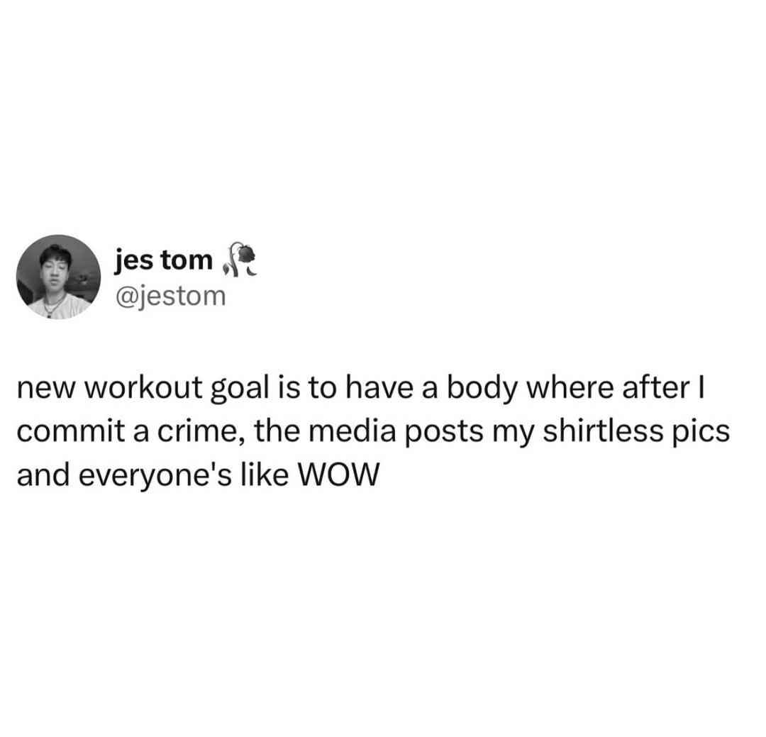 Basically my workout goal is to look so good that even if I commit a crime, the media is like 'wow, check out those abs!'