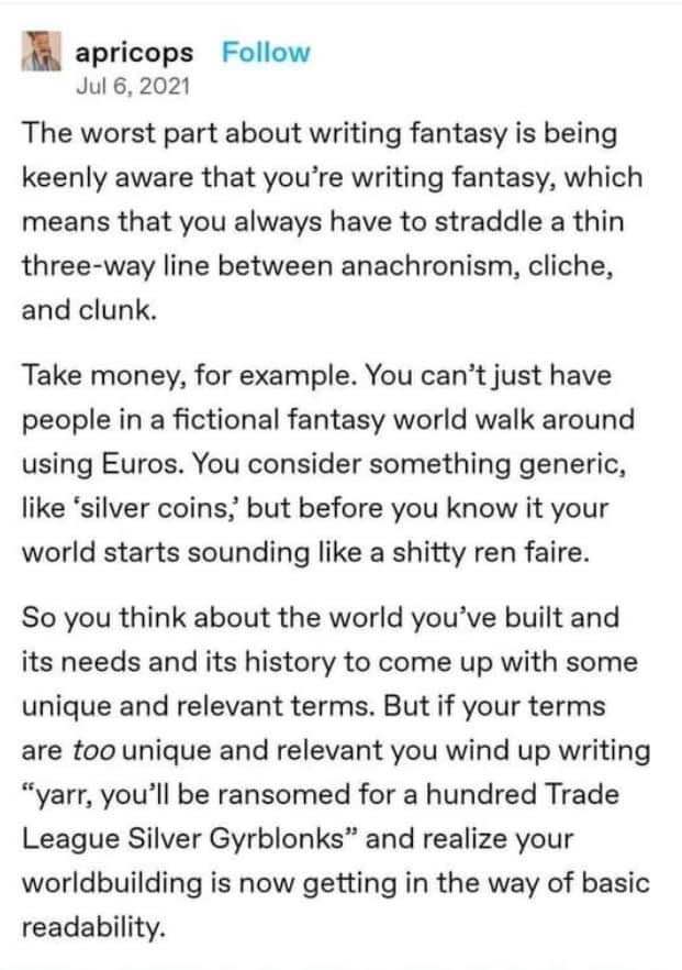 Me trying to worldbuild fantasy and accidentally making it sound like a pirate convention