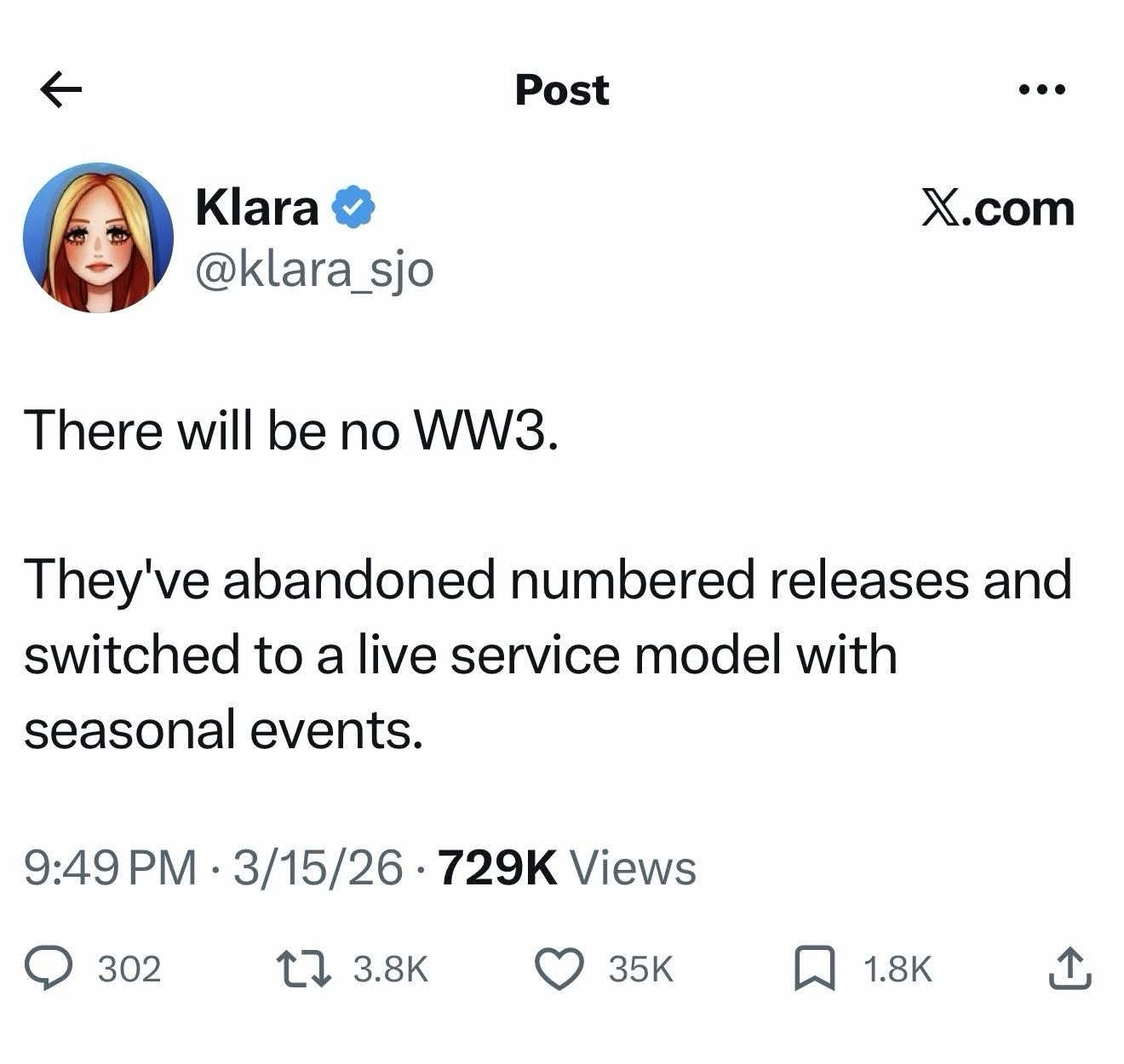 WW3 is cancelled because they're switching to a live service model with seasonal events instead of numbered releases.