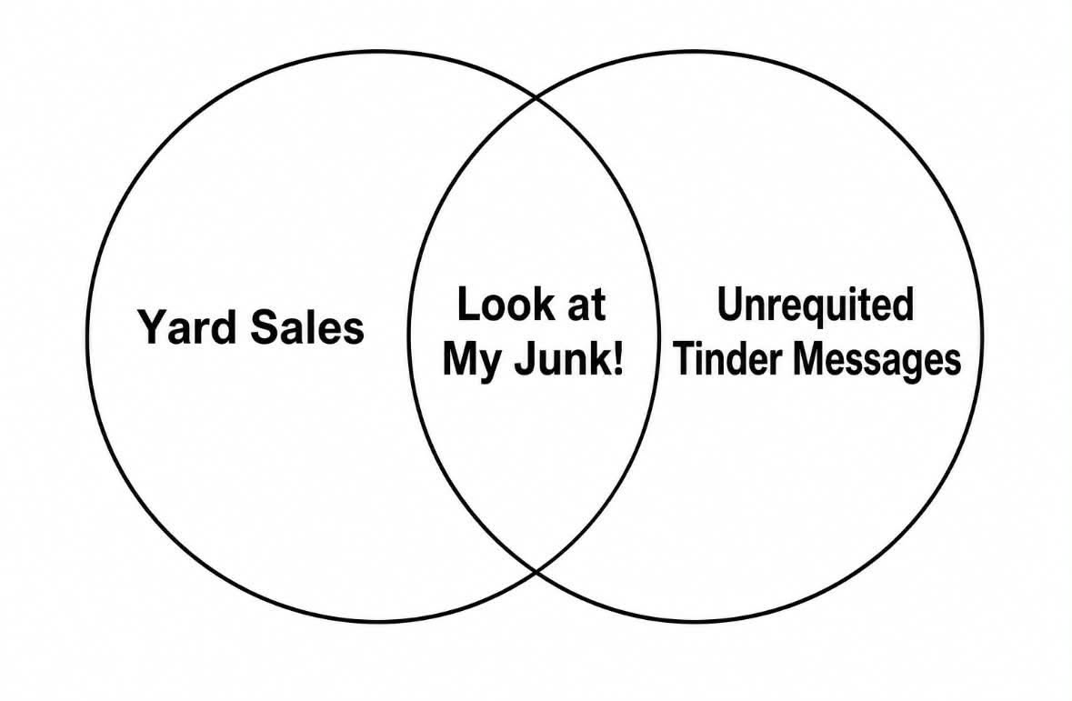 My two moods: inviting people to my yard sale or getting ghosted on Tinder.