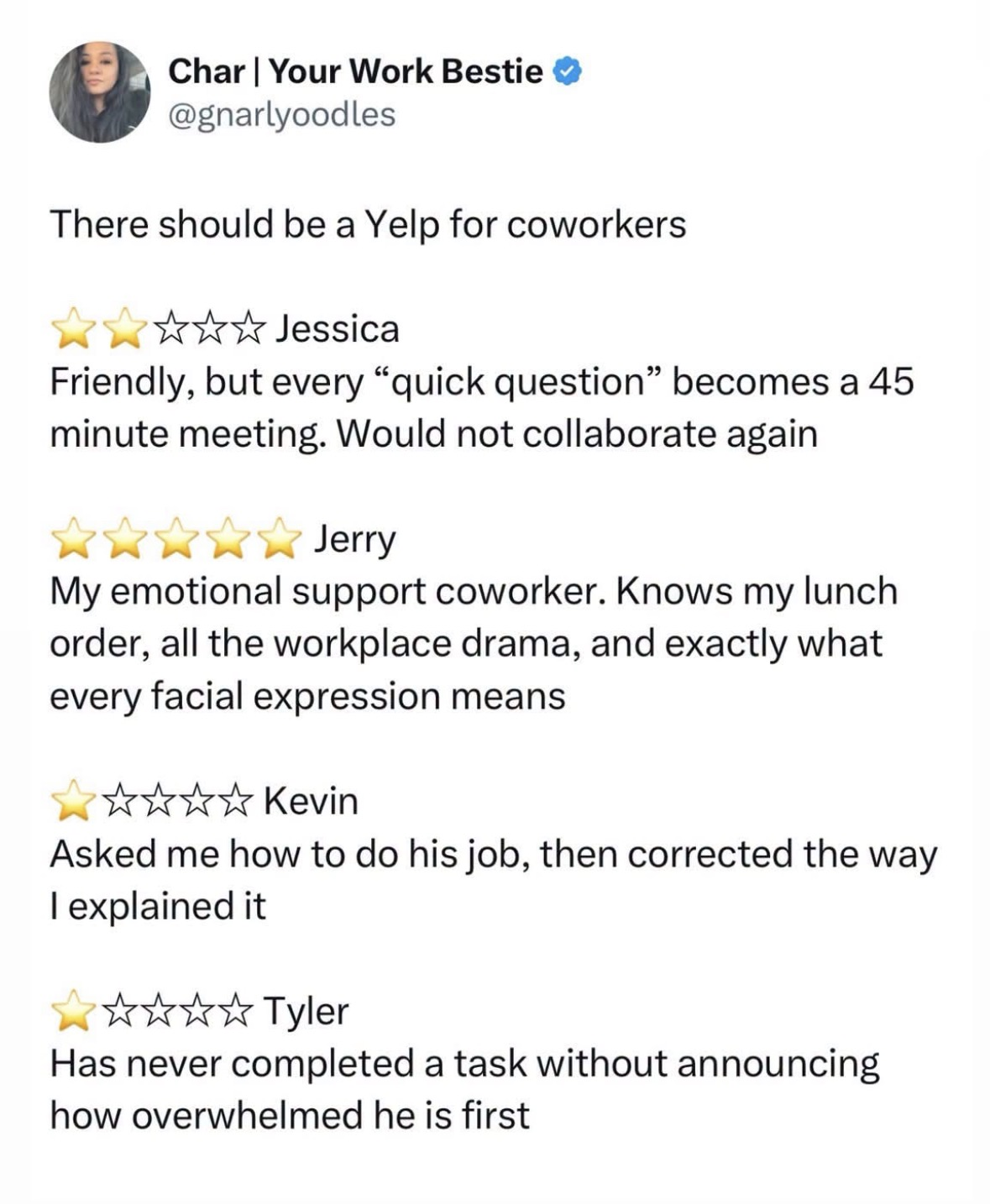 Me rating my coworkers like they're restaurants.