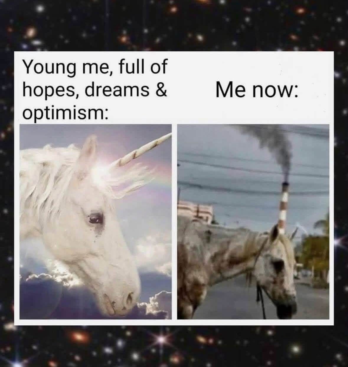 When your optimism is just a magical unicorn and reality is a horse coughing up smoke from a factory chimney
