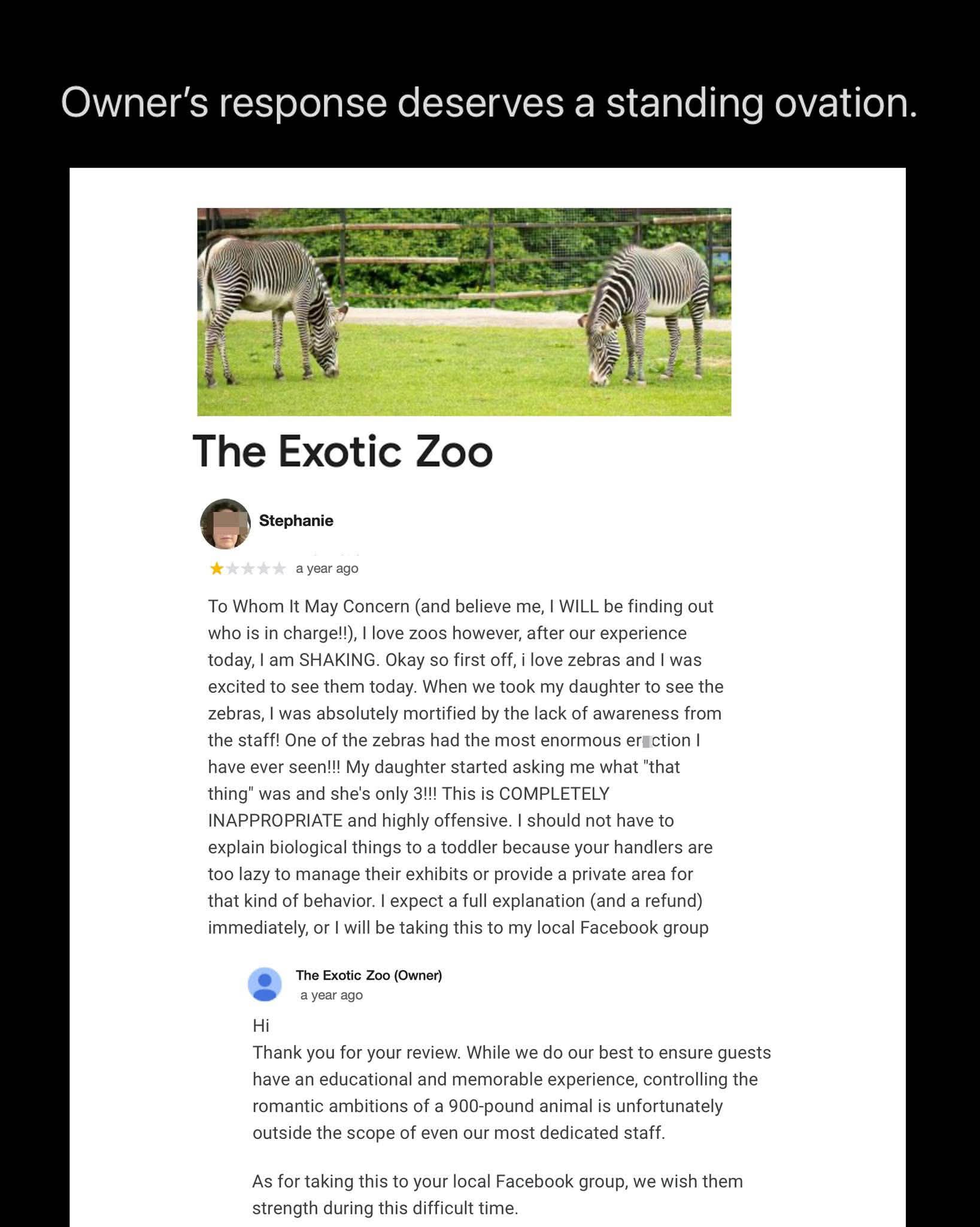 The zoo owner's response to the complaint about a zebra's 'problem' is next level savage lol
