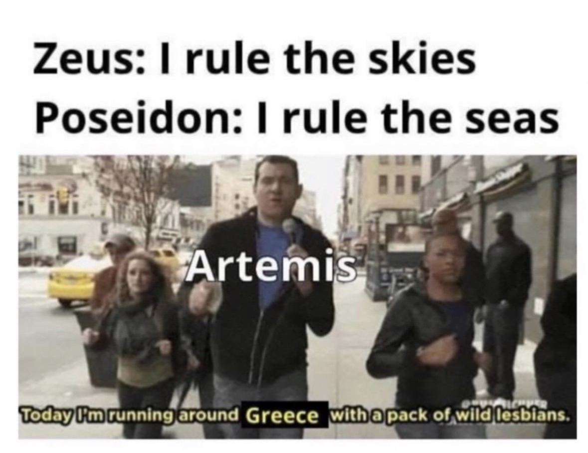 Zeus and Poseidon bragging about their domains, then Artemis shows up with her priorities