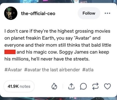 This person is arguing that everyone else thinks of Avatar: The Last Airbender when they hear 'Avatar' not the James Cameron movie.