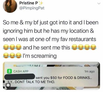 My bf sent me $50 for food and drinks after we fought, but told me not to talk to him. The audacity lol