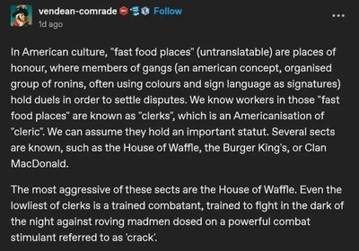 When you break down American fast food culture like it's a samurai movie or something.