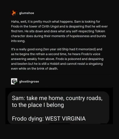 Frodo's dying words are literally the John Denver lyrics Sam was singing about him. lol