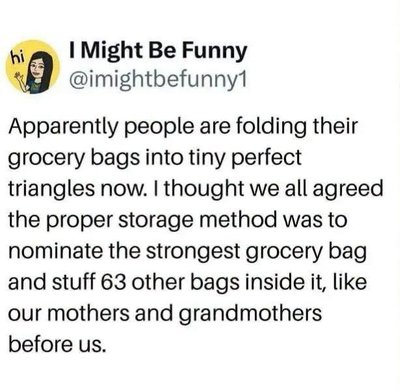Me trying to store grocery bags the way my mom taught me vs. how people are doing it now