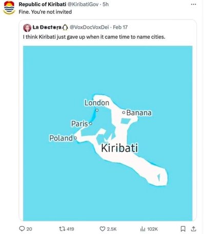 Lol, Kiribati's map has London, …