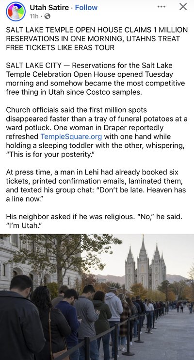 OMG, Utahns are treating the Salt Lake Temple open house like it's Taylor Swift tickets. They're not even religious, they're just Utah.
