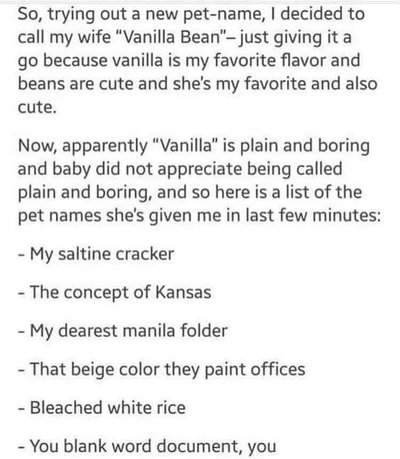 When you try to call your wife a cute nickname and she retaliates with a list of bland, office-supply-themed insults.