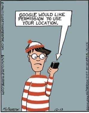 Waldo finally gets asked for his location, but it's Google asking for permission lol