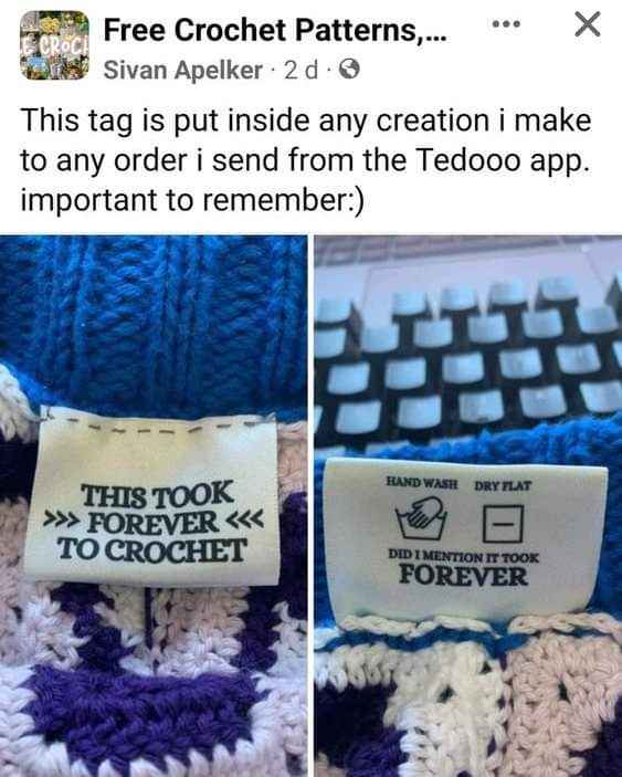 When the care tag tells you it took forever to crochet, and then it tells you again.