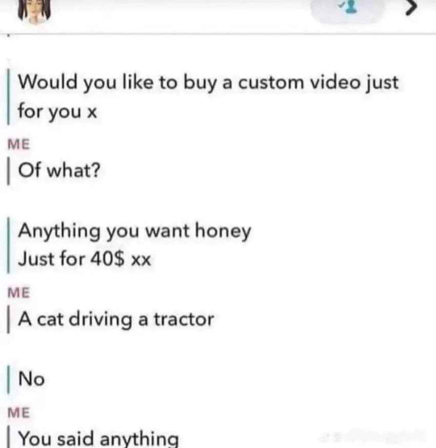 When they say they'll do 'anything' but then refuse to make a cat driving a tractor video lol