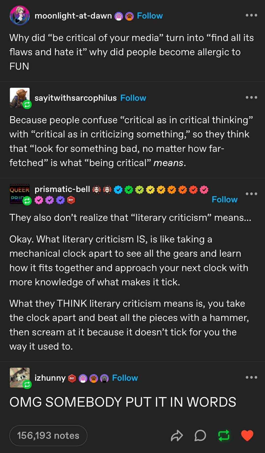 Accurate breakdown of how people misunderstand literary criticism vs. actual criticism lol