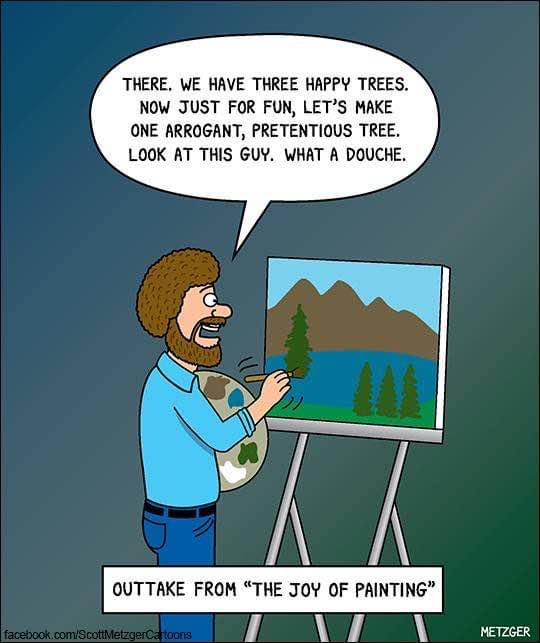 Bob Ross accidentally creates a judgmental tree on his canvas