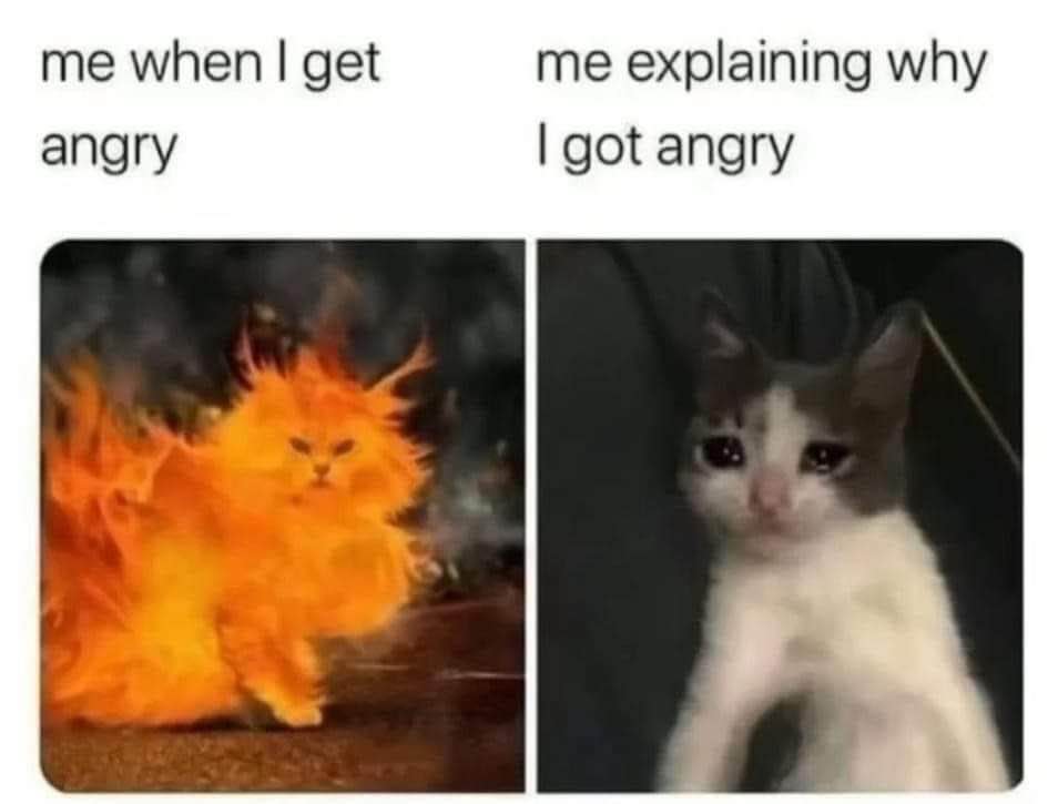Me when I'm mad vs. Me when I have to explain why I'm mad.
