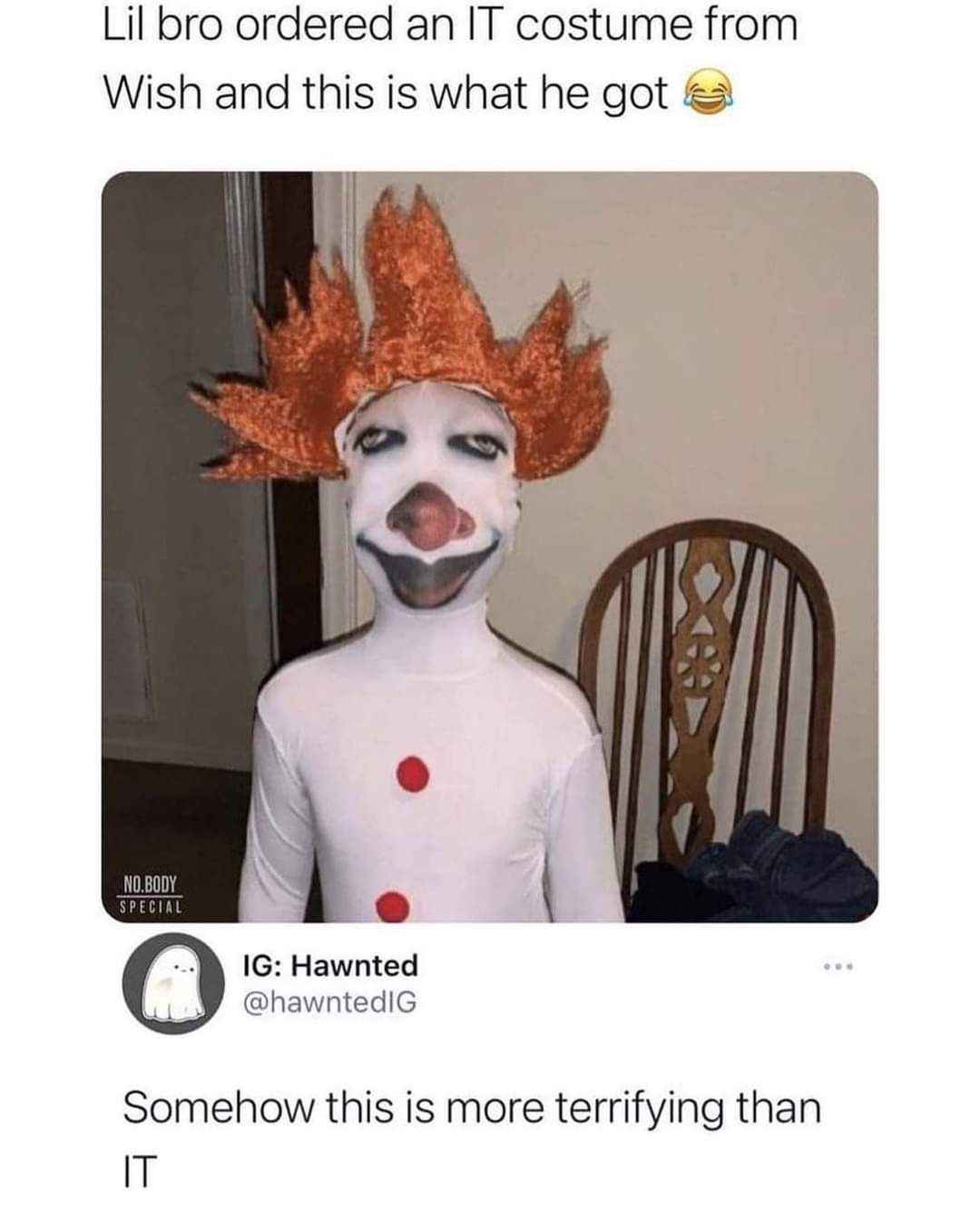 So my brother tried to get a Pennywise costume and this is what showed up