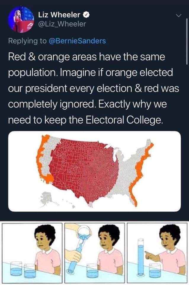 This meme explains how the Electoral College works by showing a small area with a lot of dots (red) and a large area with fewer dots (orange), then comparing it to a child pouring water into two glasses.