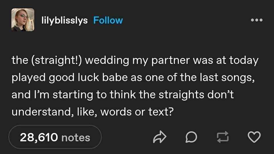 lmao when a straight wedding plays "good luck babe" and you realize they just don't get it