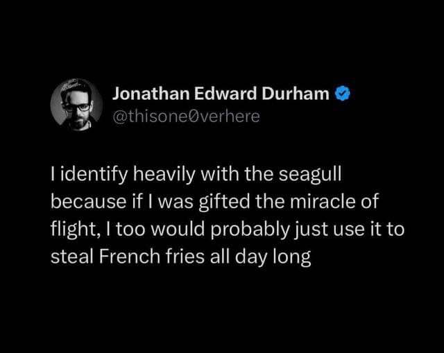Lol, same. If I could fly, my only goal would be stealing snacks.