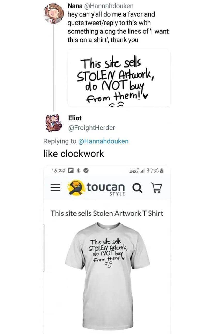 Someone asked for shirt ideas and this dude just showed up selling stolen art on a t-shirt, amazing