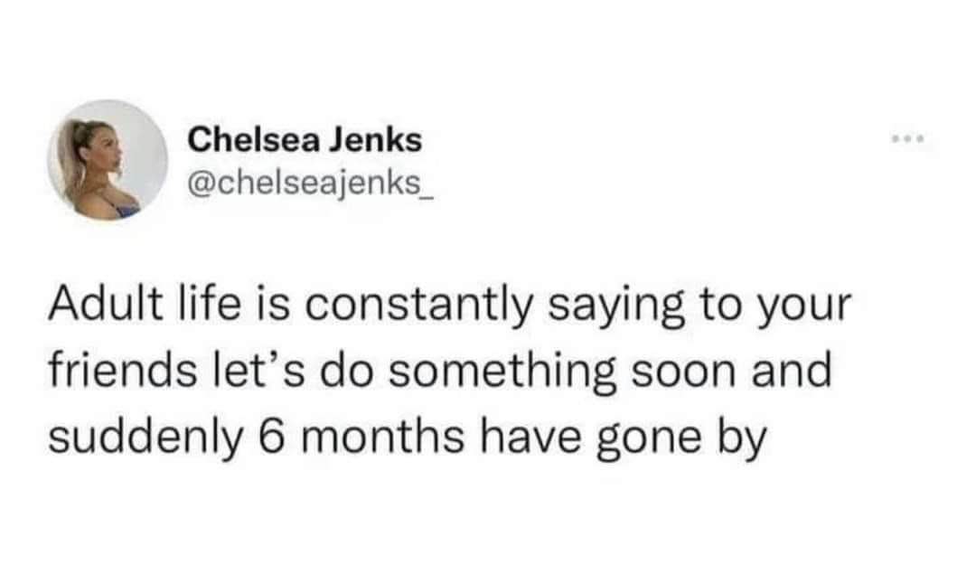 Adult life is just planning to see your friends 'soon' and then realizing its been 6 months.