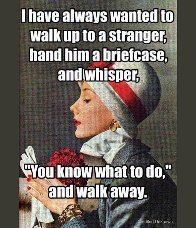 I have always wanted to walk up to a stranger, hand him a briefcase, and whisper, "You know what to do," and walk away.