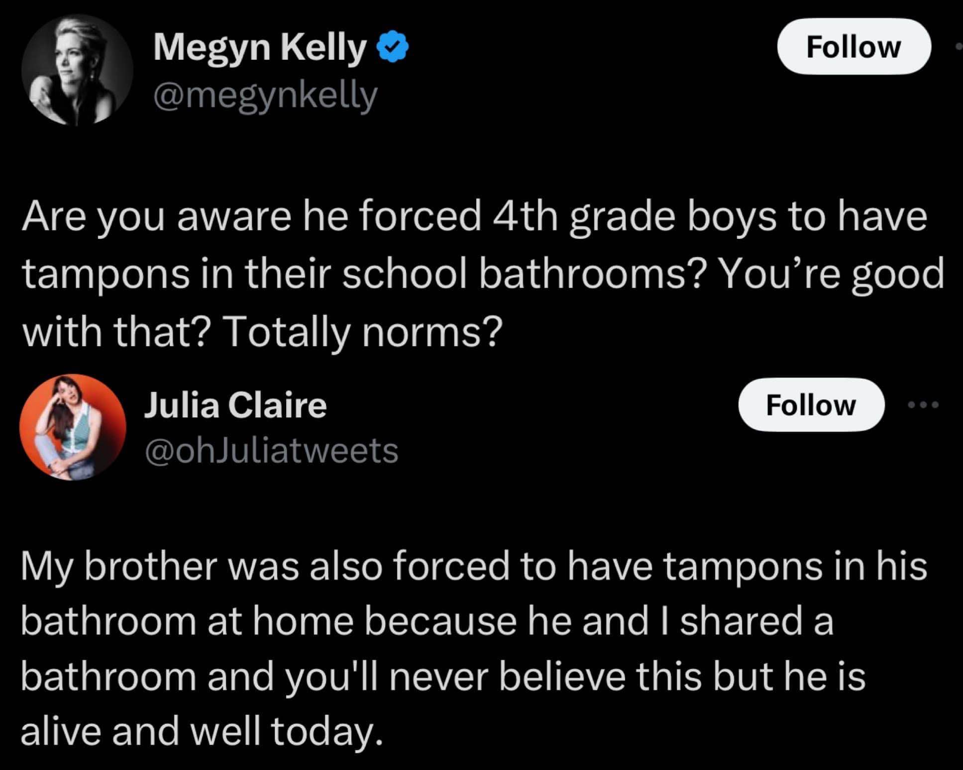 OMG the replies to this tweet are gold - especially the one pointing out she shared a bathroom with her brother and he's fine.