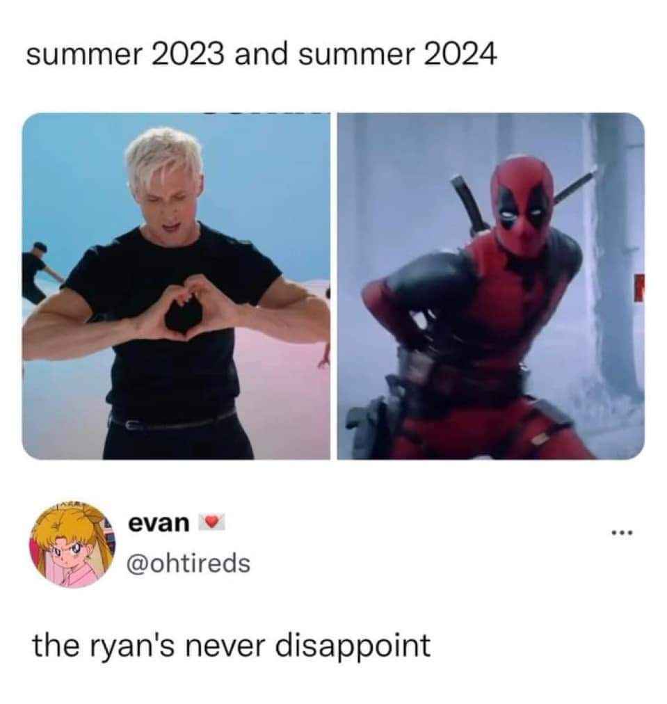 Summer 2023 vs Summer 2024 movies starring Ryan Reynolds looking like...