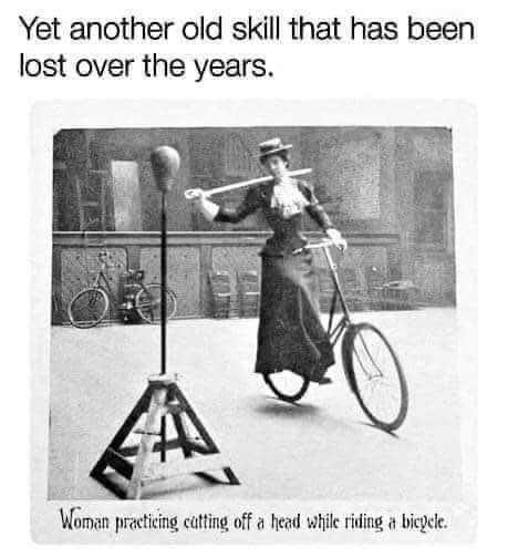 Who needs a gym when you can practice decapitation on a penny-farthing?