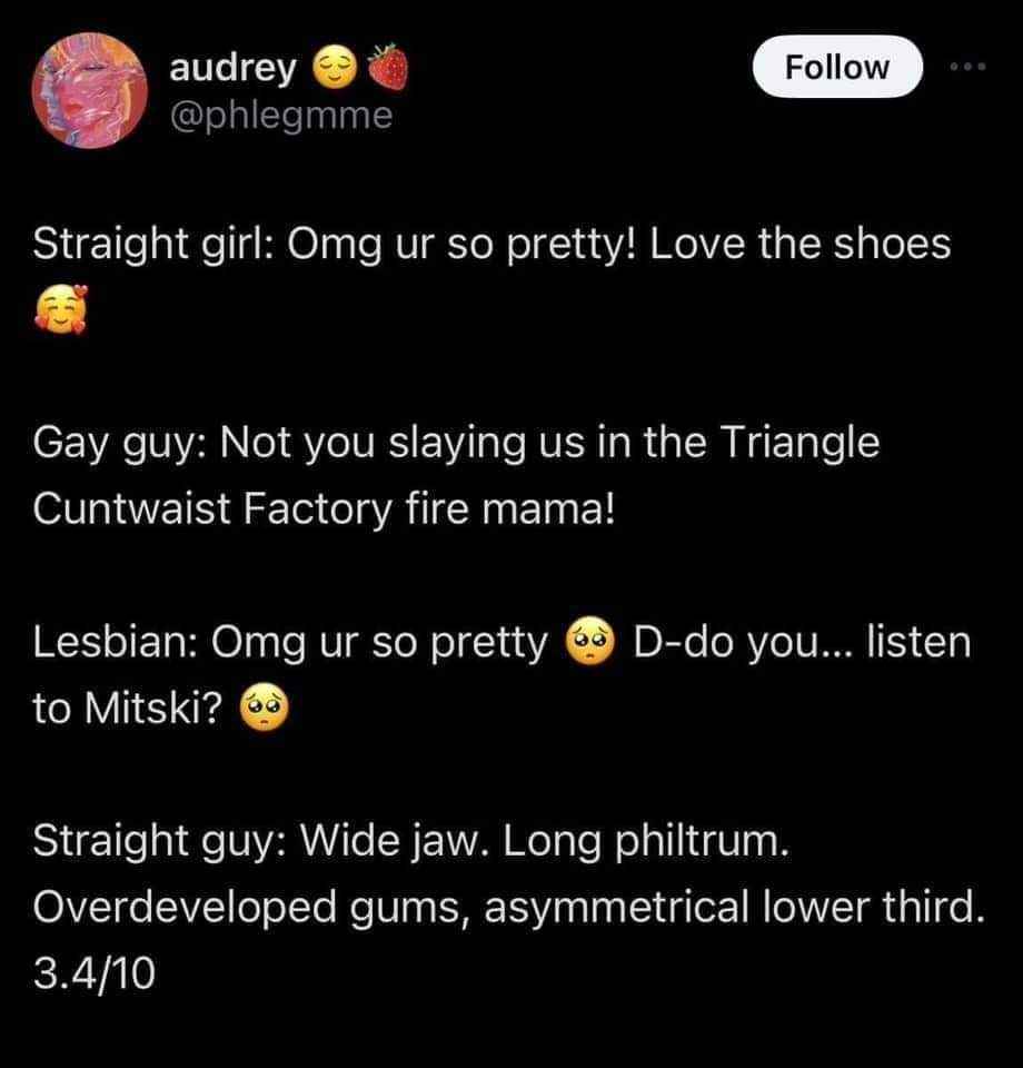 Lmao, the way every kind of guy reacts to a compliment is so different, especially the straight guy at the end.