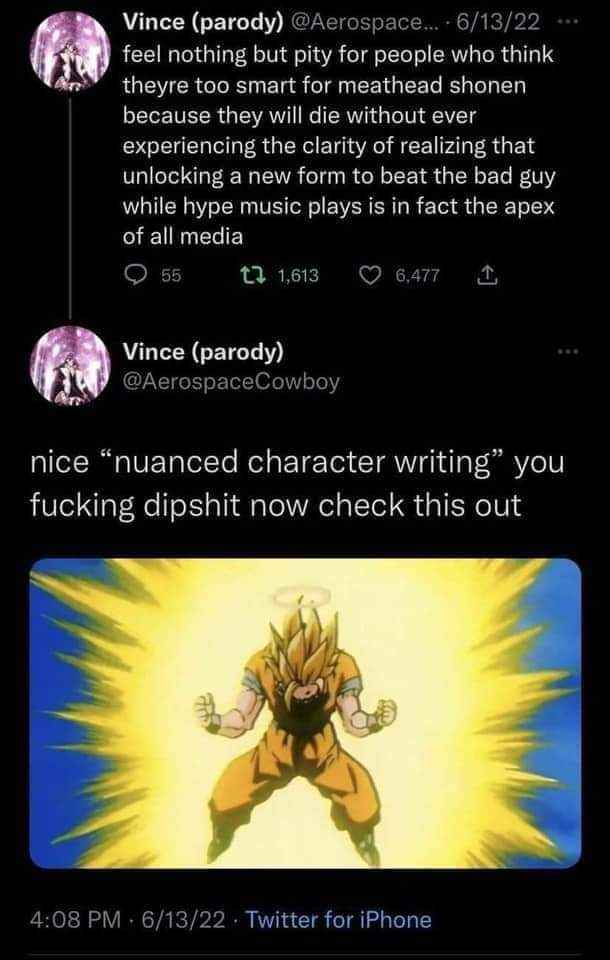 This person thinks anime power-ups are the peak of all media and I'm not gonna argue