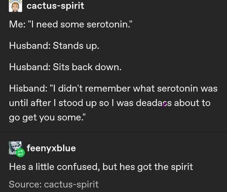My husband forgot what serotonin was until he stood up to get some for me lol