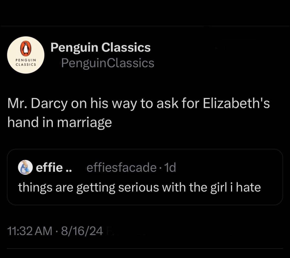 Mr. Darcy asking for Elizabeth's hand when he actually hates her.