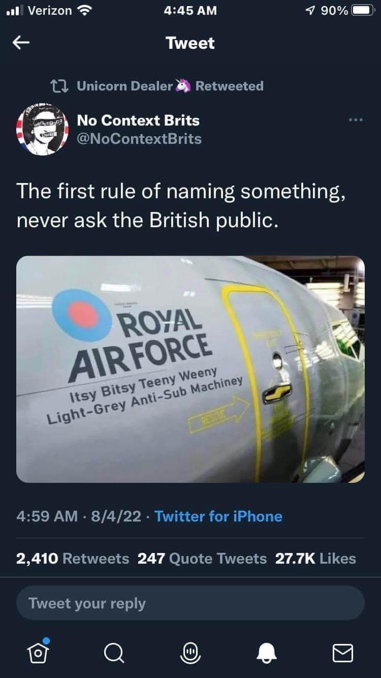 Oh the British public really outdid themselves naming this plane. "Itsy Bitsy Teeny Weeny Light-Grey Anti-Sub Machiney"