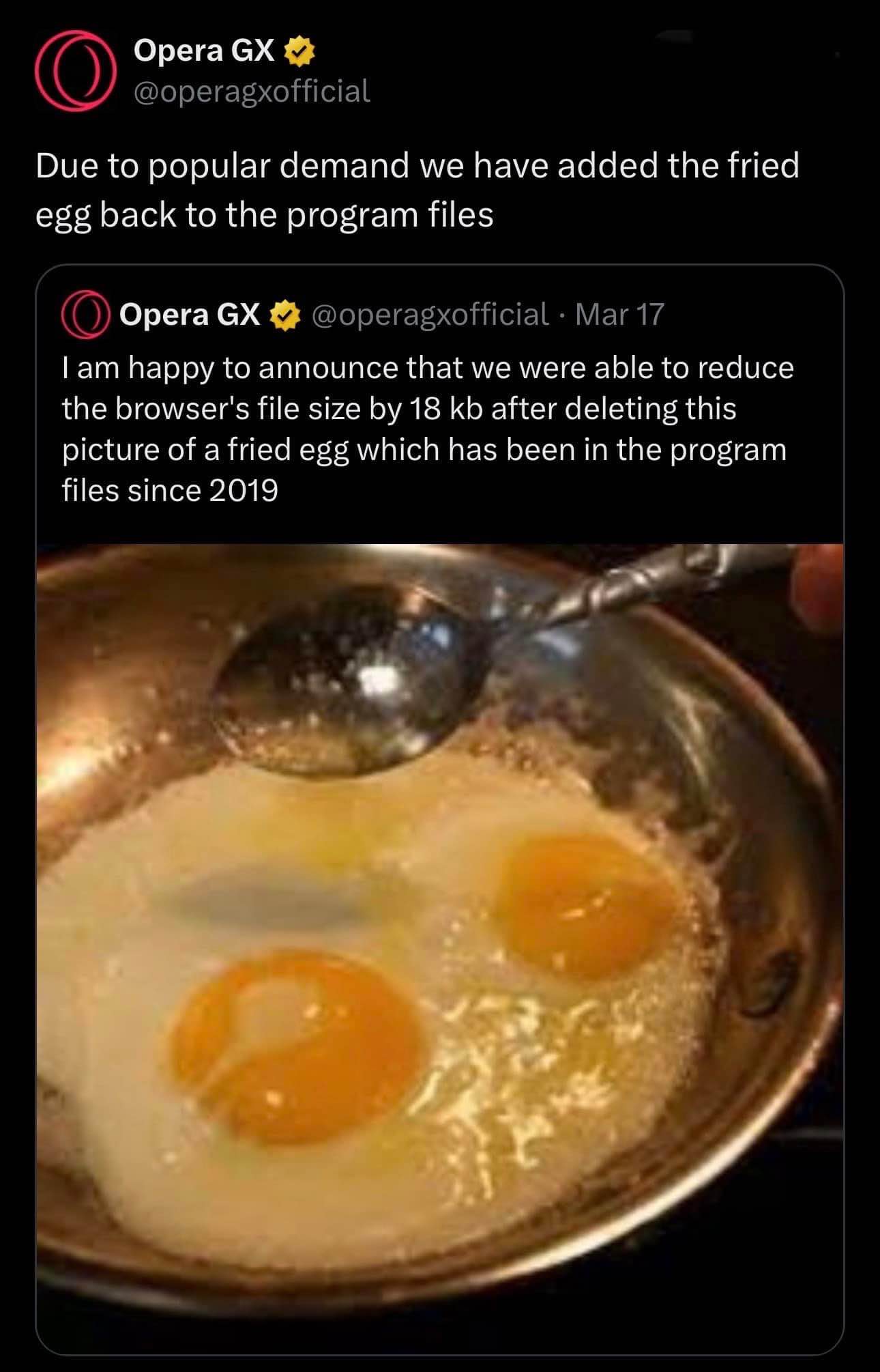 Opera GX deleted an egg pic to save 18kb then brought it back due to popular demand lmao