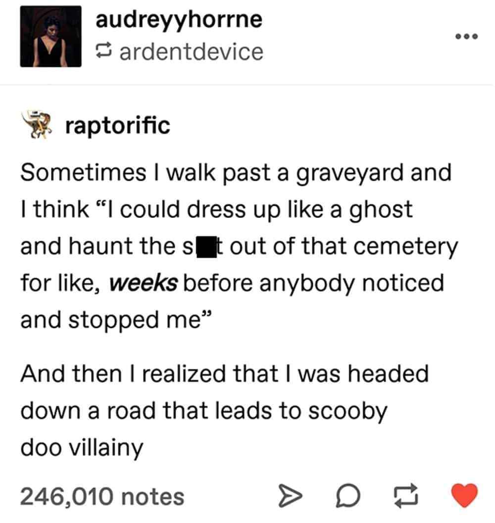 Me thinking I could pull off a Scooby Doo villain scheme but realizing I'm more likely to get caught than actually haunt a cemetery
