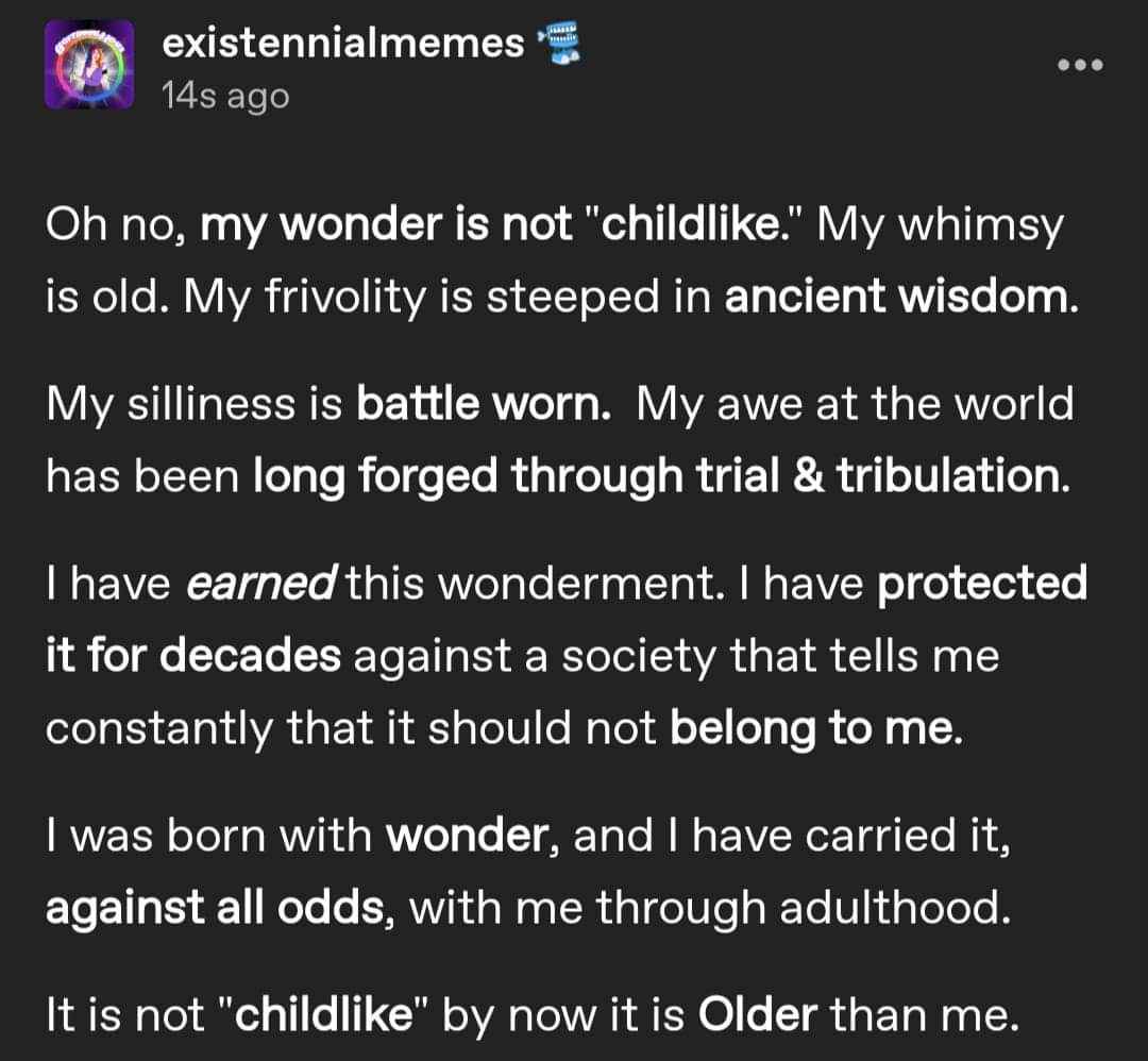Me defending my childlike wonder after being told it's too old for me