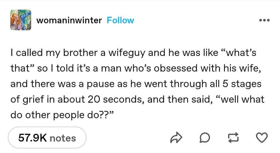 My brother's existential crisis after realizing he's a 'wifeguy' is hilarious. Apparently, he thought everyone was obsessed with their wives.
