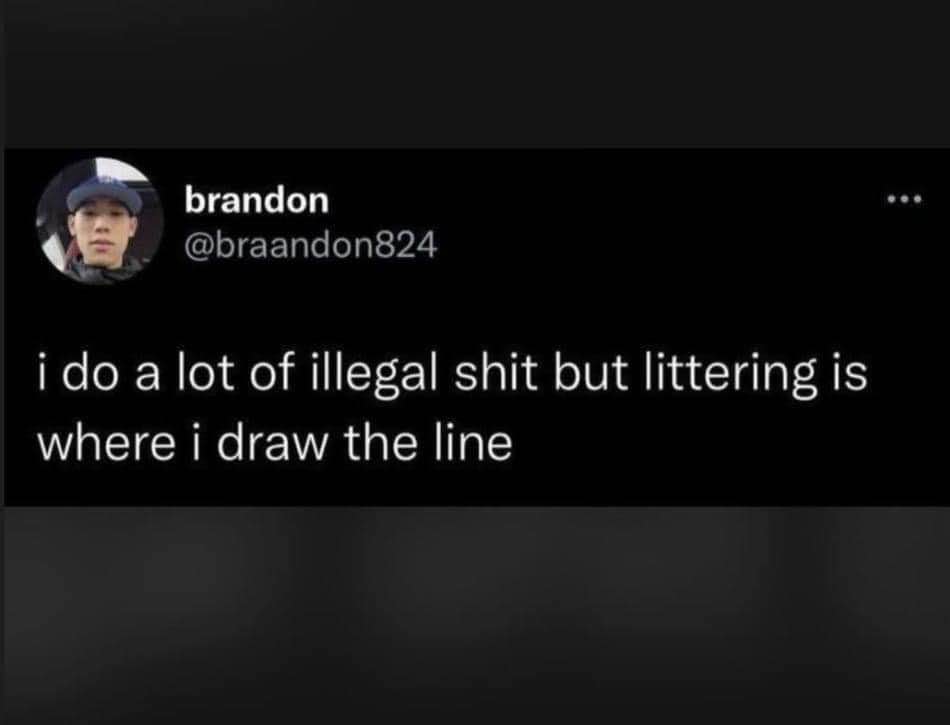 Like, seriously, I do a lot of illegal stuff, but littering is just where I draw the line.