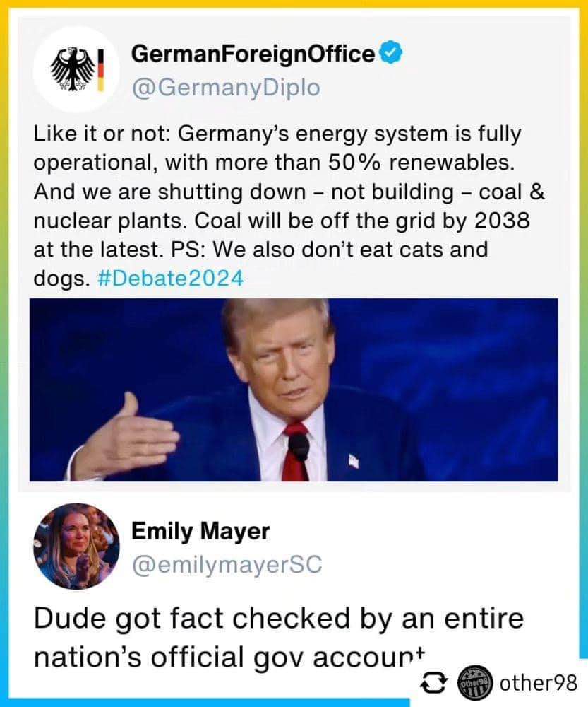lol, Germany's official government account roasting someone. The PS about not eating cats and dogs is just savage.
