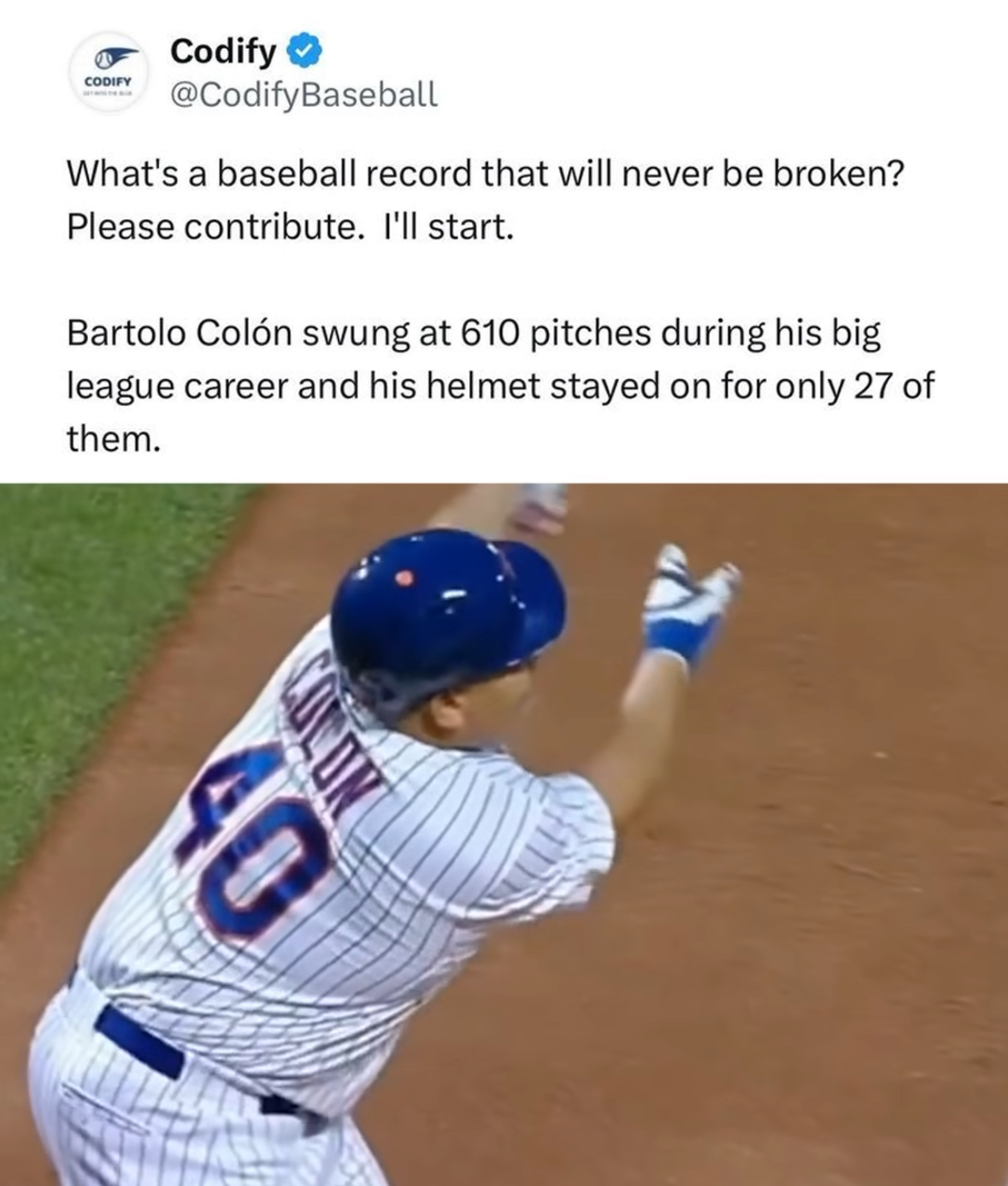 How is that helmet staying on for only 27 pitches ever? Bartolo Colon is built different.