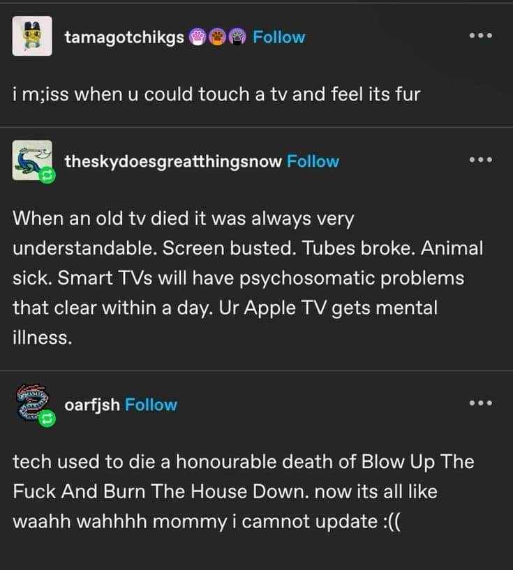 Remember when TVs just died with a bang instead of whining about updates?